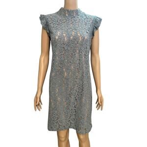 Tahari Lace Sheath Dress 12 Blue Ruffle Cap Sleeve Party Knee Length Mock Neck